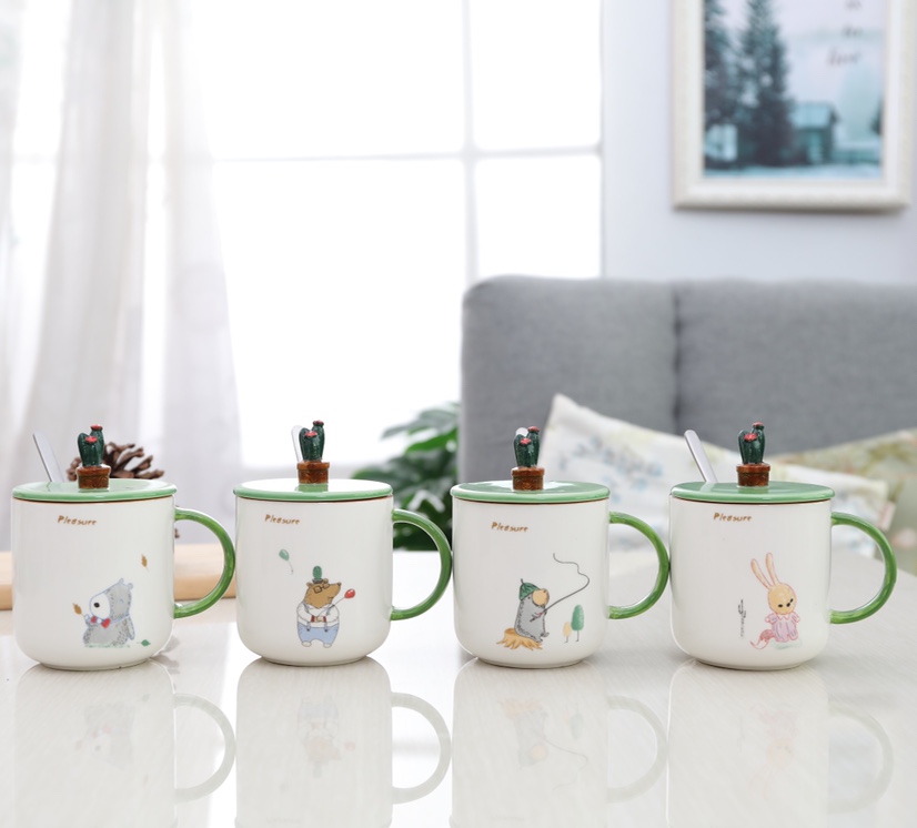 Nordic Instagram Cactus creative ceramic mug with lid and spoon milk mug for breakfast thumbnail