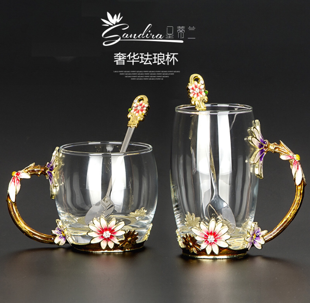 Hot-selling enamel color water cups, glass cups, flower tea cups, low heat-resistant water cups, household water cups, as gifts details Picture