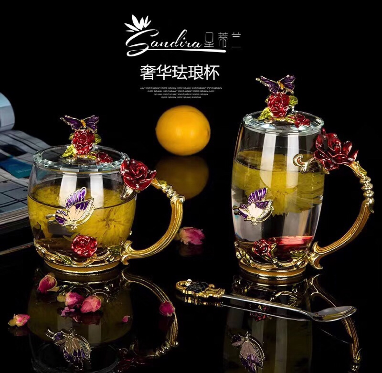 Rose enamel colored water cup, glass cup, flower tea cup, low heat-resistant water cup, household water cup, as a gift Application Scenario