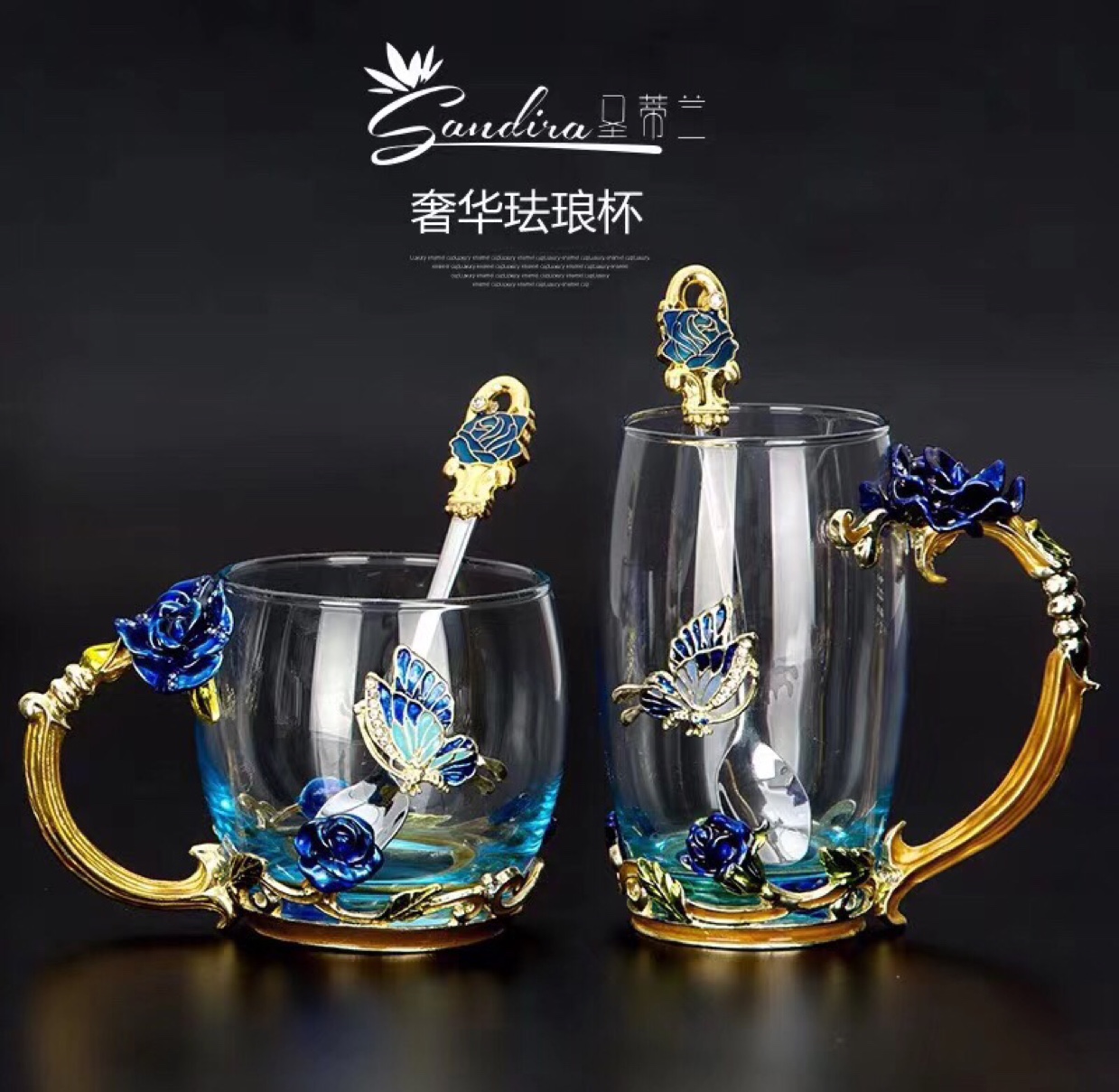 Rose enamel colored water cup, glass cup, flower tea cup, low heat-resistant water cup, household water cup, as a gift Specification image