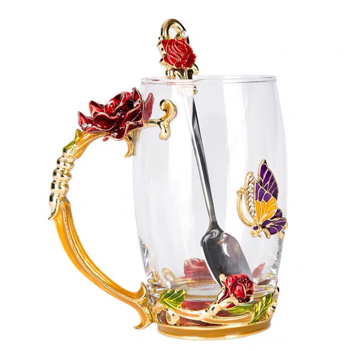 Rose enamel colored water cup, glass cup, flower tea cup, low heat-resistant water cup, household water cup, as a gift Item Picture