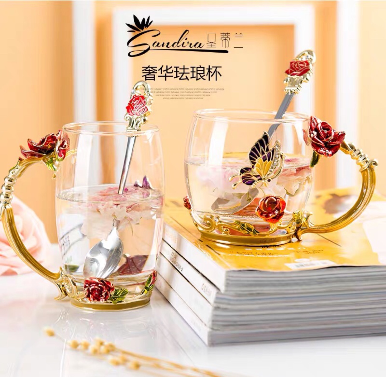 Rose enamel colored water cup, glass cup, flower tea cup, low heat-resistant water cup, household water cup, as a gift details Picture
