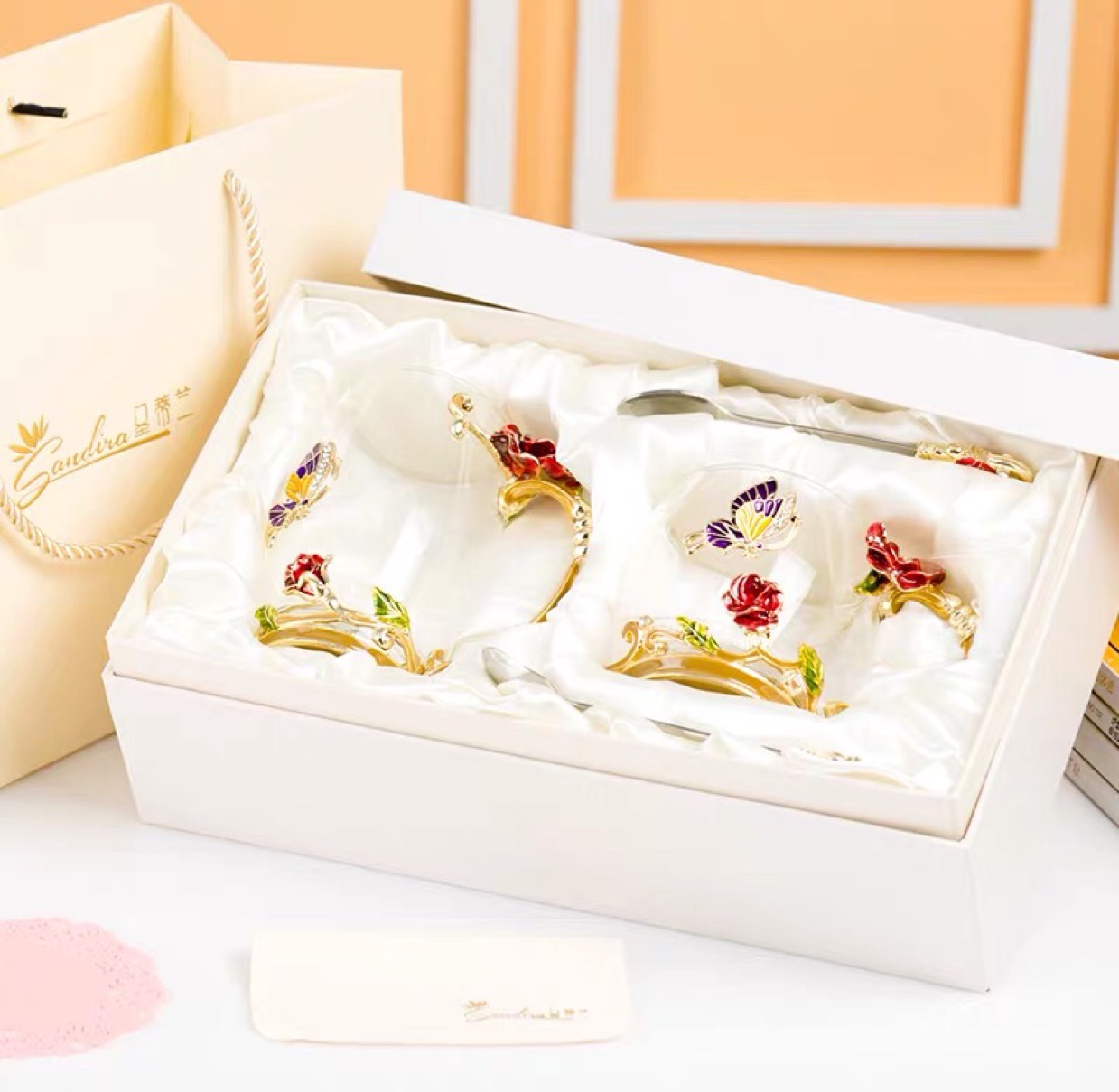 Rose enamel colored water cup, glass cup, flower tea cup, low heat-resistant water cup, household water cup, as a gift undefined