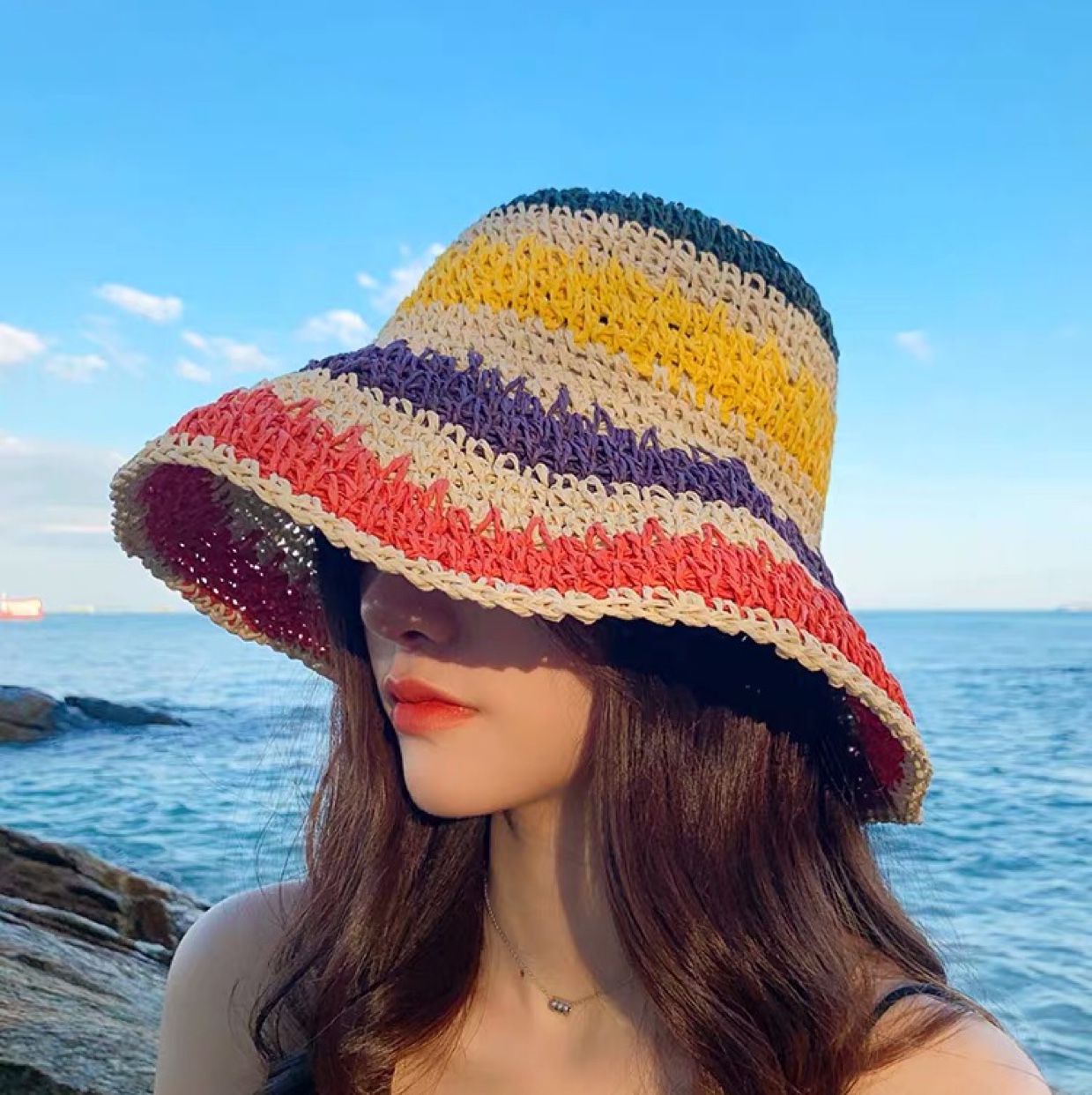 Straw hat lady small fresh woven fisherman hat rainbow beach summer sun sun hat beach sun hat large eaves