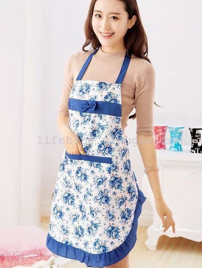 Yiwu Good Goods Life Blue Floral Bow apron Home Apron Catering Advertising apron