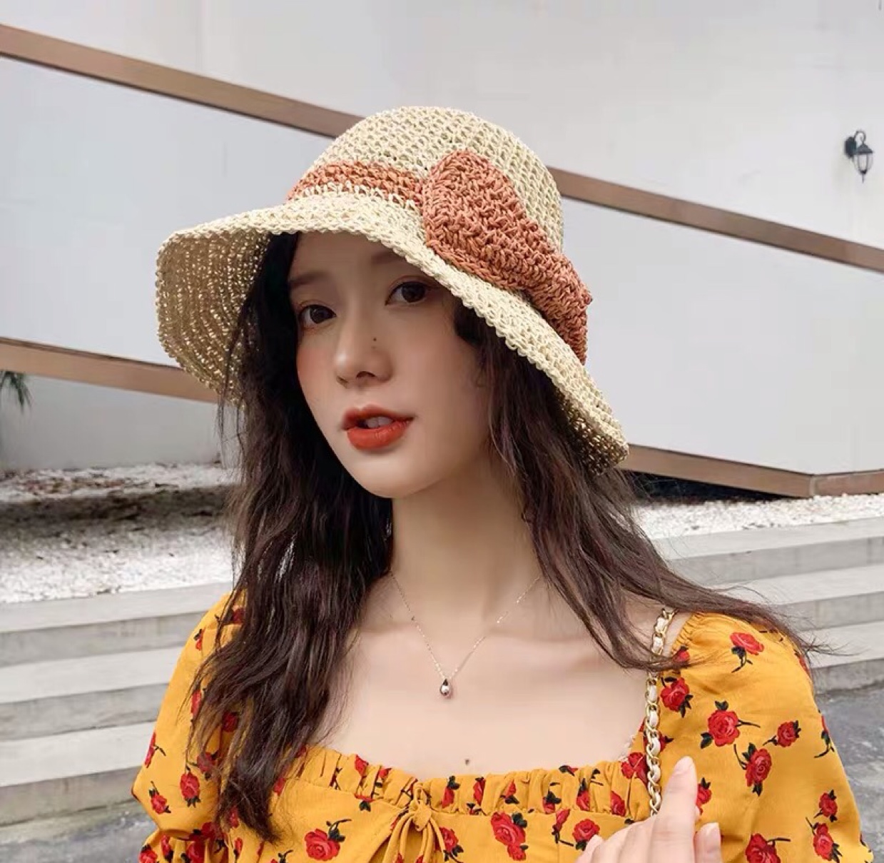Bow-tie straw plaited hat summer small fresh foldable beach holiday beach hat sun hat free of charge thumbnail
