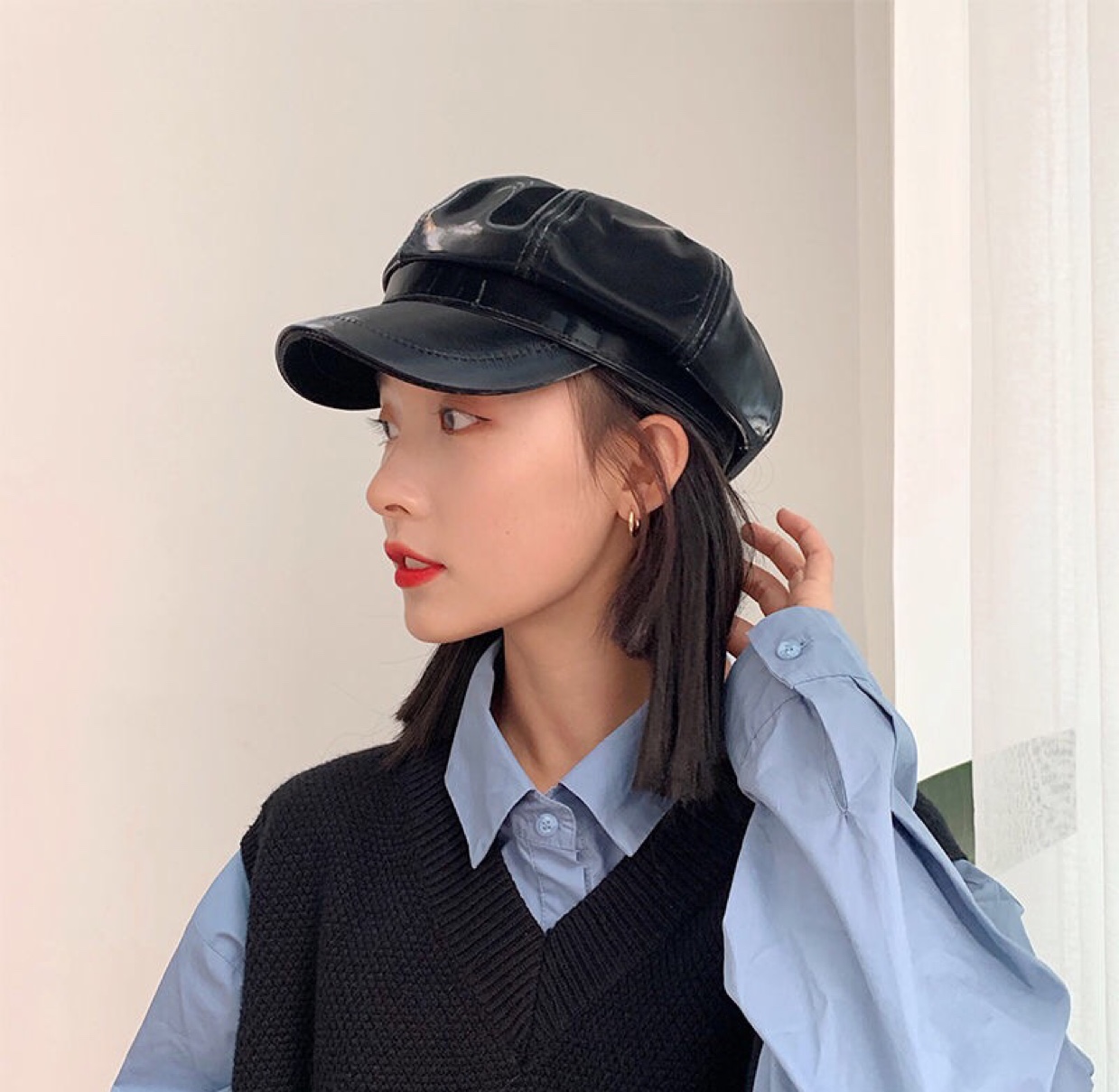 八角帽P U复古百搭海军帽贝雷帽女韩版