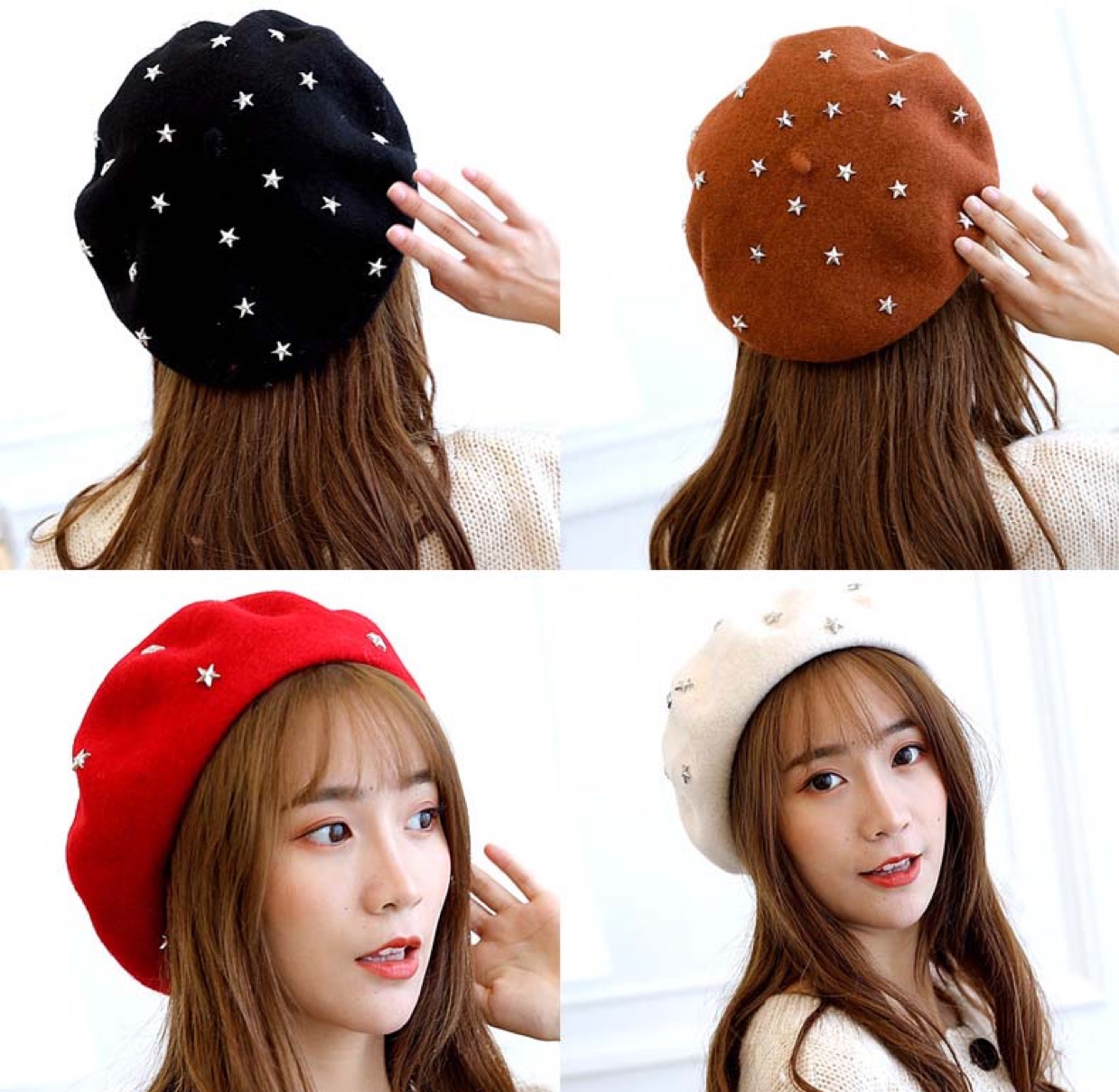 All-wool five-star felt beret, New Year's fashionable professional hat, women's fisherman's hat, flat-brimmed hat, Korean style versatile and warm hat undefined