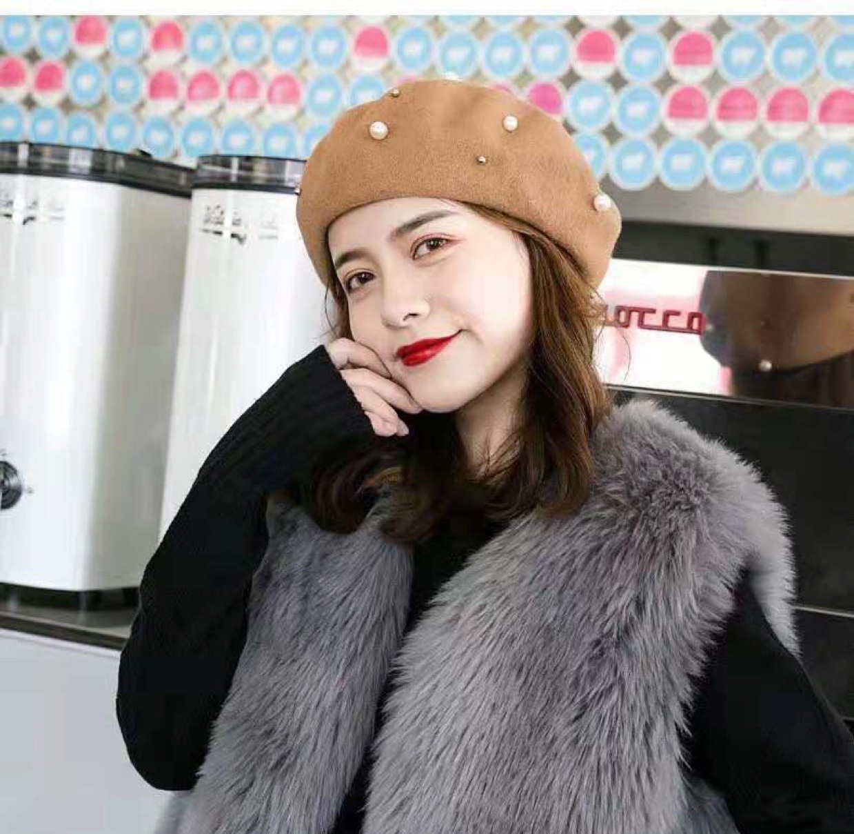 Adult women's woolen knitted pearl felt beret cap