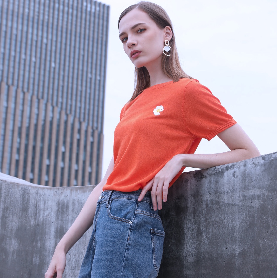 Jimmy Seio summer dress ice silk fabric knitted top orange black