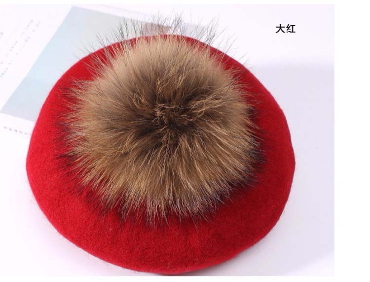 All-wool mink pom-poms fashionable beret New Year's style flat-brimmed fisherman's hat business outfit paired with a business hat undefined