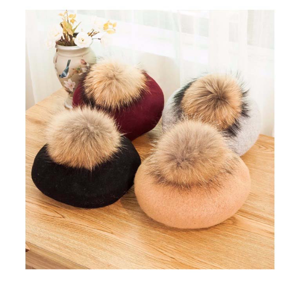 All-wool mink pom-poms fashionable beret New Year's style flat-brimmed fisherman's hat business outfit paired with a business hat details Picture