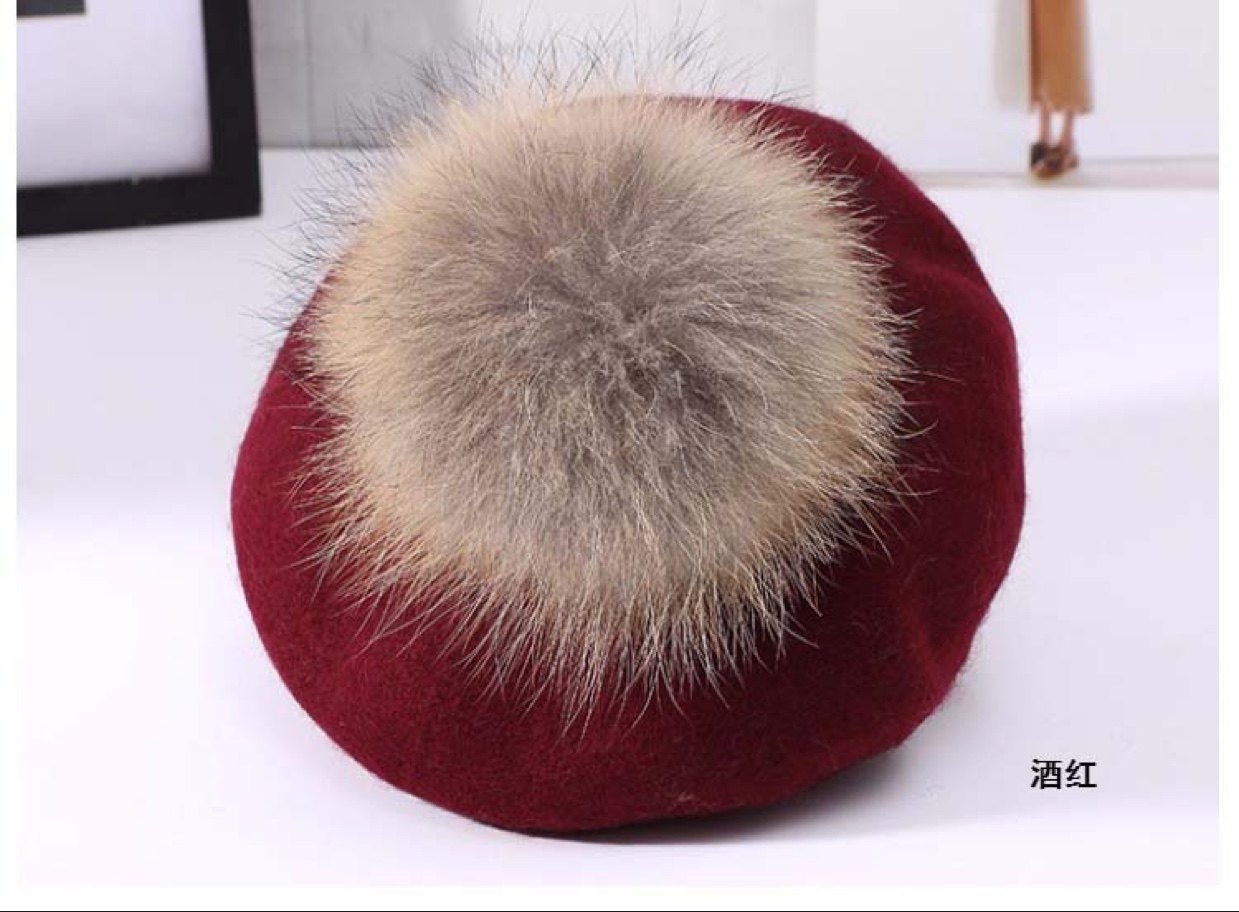 All-wool mink pom-poms fashionable beret New Year's style flat-brimmed fisherman's hat business outfit paired with a business hat Item Picture