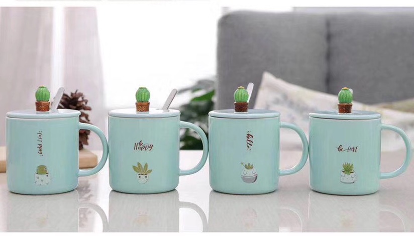 立体仙人掌马克杯创意3D陶瓷杯大容量带盖勺咖啡杯商务纪念礼品定制卓洽035图