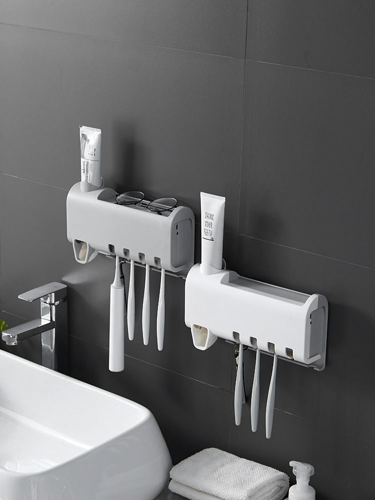 Toothbrush holder set, no need for drilling, plastic, automatic toothpaste squeezing, bathroom, home, toothbrush holder, wall-mounted, multi-functional Application Scenario