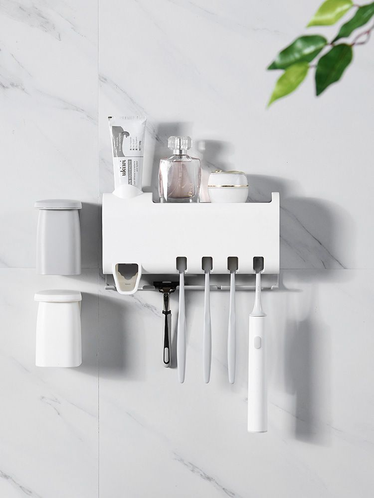 Toothbrush holder set, no need for drilling, plastic, automatic toothpaste squeezing, bathroom, home, toothbrush holder, wall-mounted, multi-functional Specification drawing