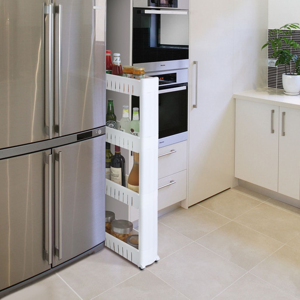Plastic layer rack Multi-purpose rack Plastic seam rack storage rack with roller refrigerator kitchen gap storage rack Bathroom storage rack 028 three-layer storage rack