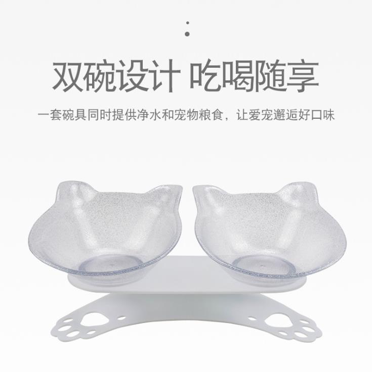 Cat products manufacturers direct slippery neck protection cat ears plastic cat double bowl transparent tilt durable cat food bowl details Picture