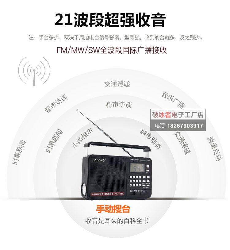 辉邦破冰者KK-F269插卡U盘音乐播放器FM SW AM 多波段收音机详情图6