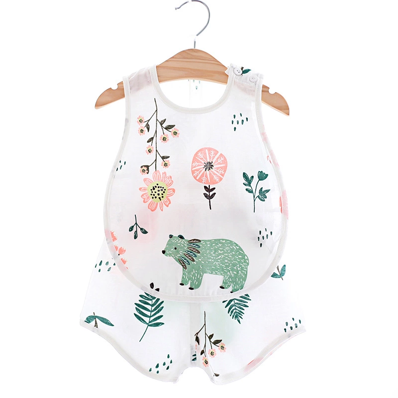 2020夏季新款薄款幼小童纱布卡通肩扣无袖背心短裤套装吸汗琵琶服套装73 80 90 100备注尺码