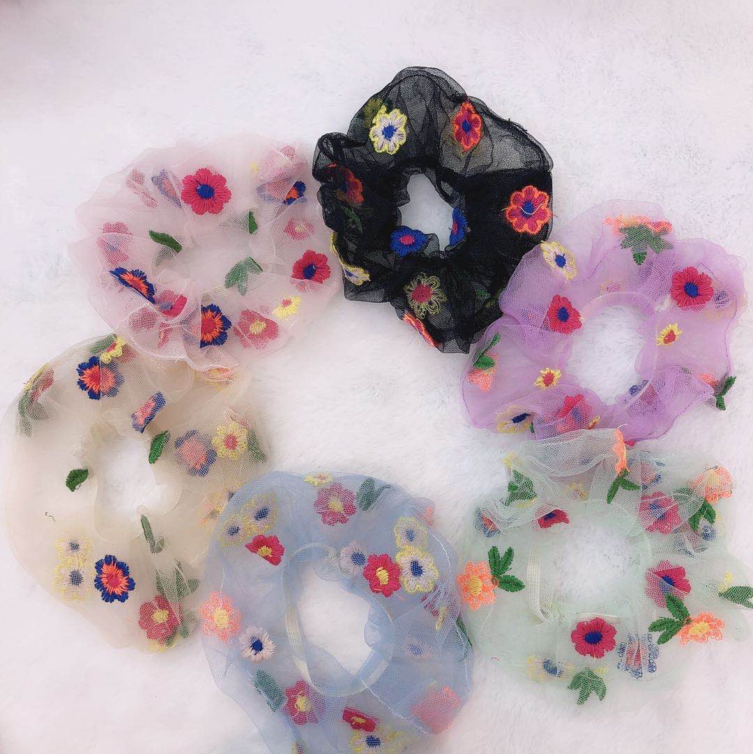 Pretty joker super fairy embroidery flowers hair net yarn hair ring Ins retro girls large intestine ring head hair accessories thumbnail