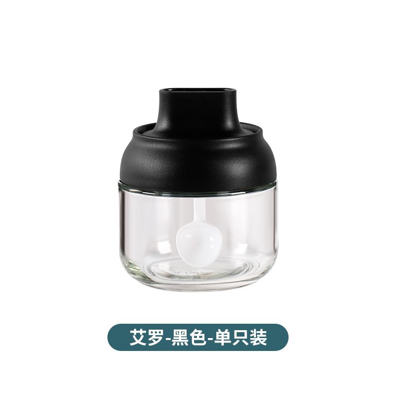 玻璃调味瓶厨房家用盐味精带勺调料罐  黑色