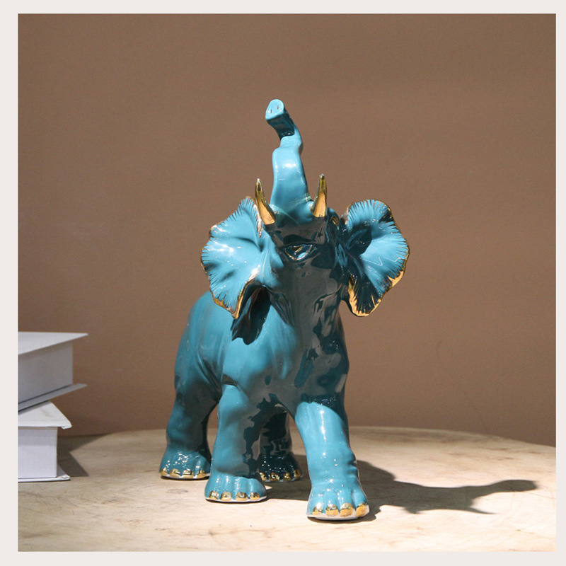 Creative modern ceramic elephant ornaments, simple home animal decorations, dark green and gilded auspicious elephant ornaments undefined