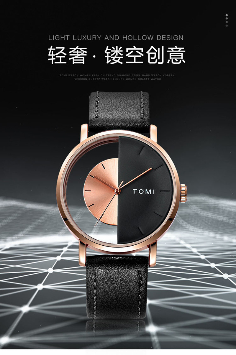 Tomi Hollow Design Half Side Perspective Concept Unisex Belt Unisex Casual Fashion Quartz Watch full figure