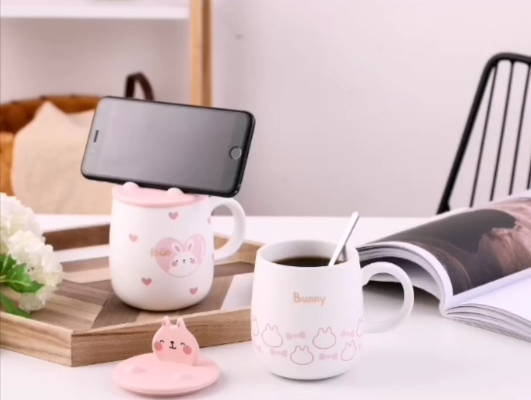 Creative Internet celebrity popular rabbit 🐰 ceramic cup lid multi-functional water cup four-color mixed mobile phone stand ceramic cup pic 3