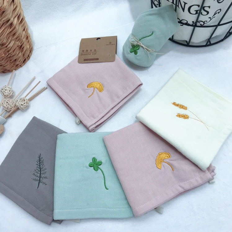 QINGCHEN Maple leaf embroidery gauze ring super soft skin - friendly pure cotton square towel thumbnail