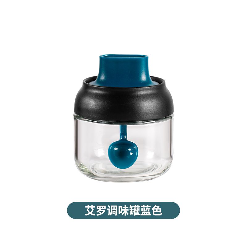 玻璃调味瓶厨房家用盐味精带勺调料罐   蓝色