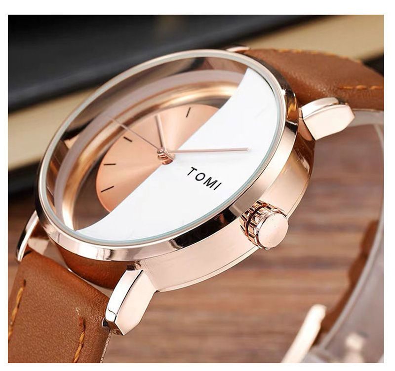 Tomi Hollow Design Half Side Perspective Concept Unisex Belt Unisex Casual Fashion Quartz Watch details Picture
