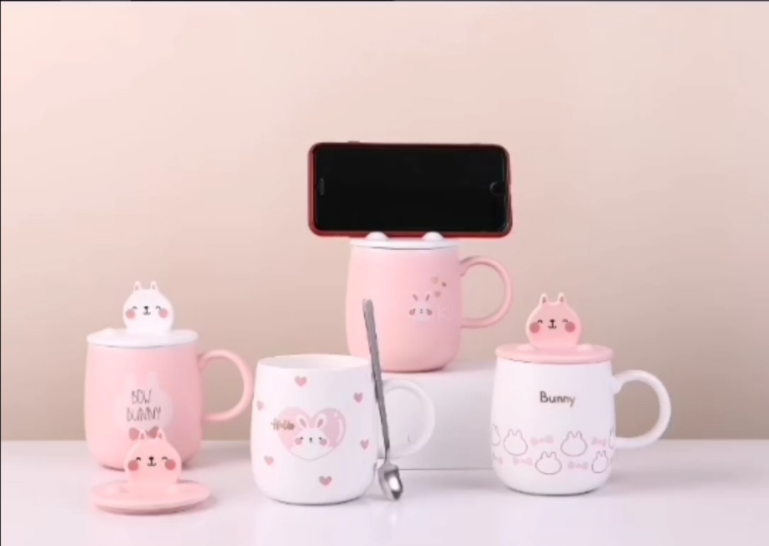 Creative Internet celebrity popular rabbit 🐰 ceramic cup lid multi-functional water cup four-color mixed mobile phone stand ceramic cup pic 1