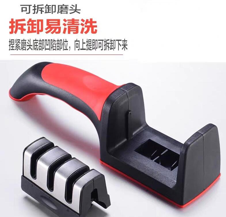 Factory direct sales of street stall quality knife sharpeners, household quick three-section tungsten steel ceramic soft rubber handle knife sharpeners Application Scenario