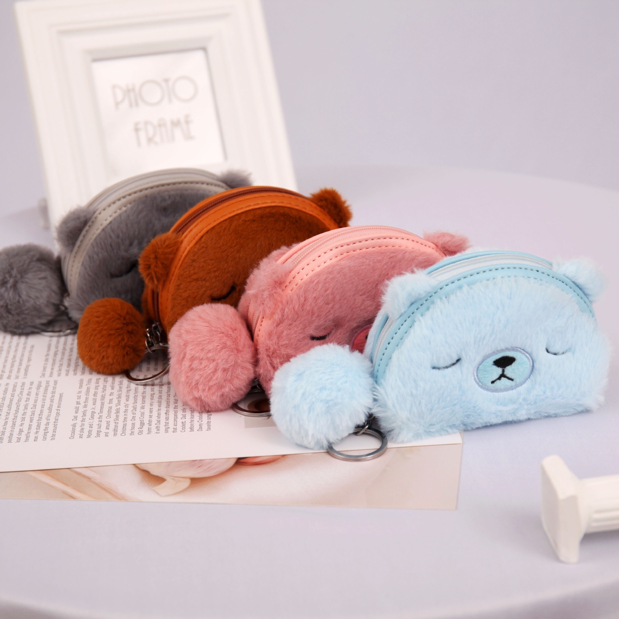 网红爆款纯色毛毛小猪+毛球贝壳形状钥匙圈零钱包