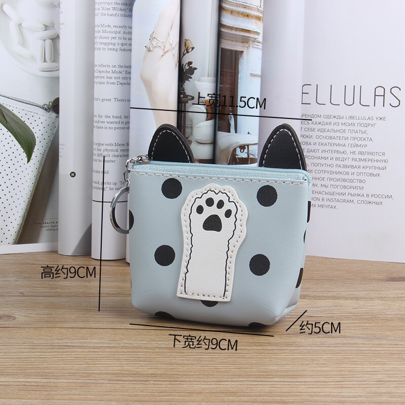 新款时尚潮流休闲圆点耳朵小狗脚印方形拉链钥匙圈零钱包白底实物图