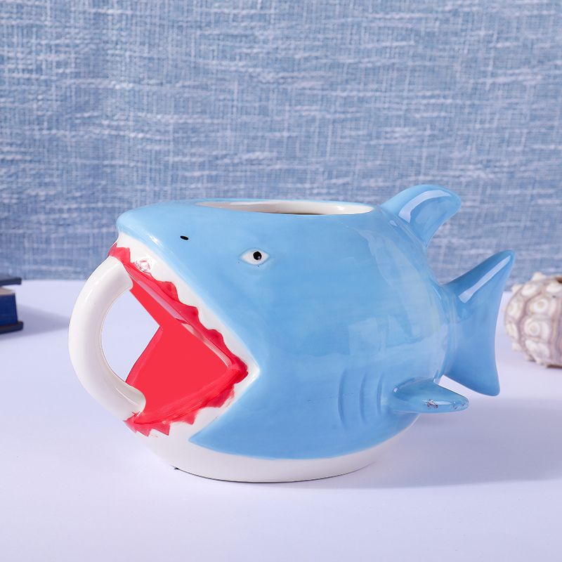 创意鲨鱼造型马克杯 卡通鲨鱼头陶瓷杯 个性鲨鱼马克陶瓷杯