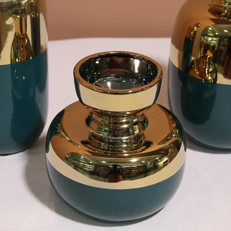 Creative and trendy Nordic ceramic vases, modern home wine cabinet decoration, light luxury style, dark green electroplated gold flower arrangement vases undefined