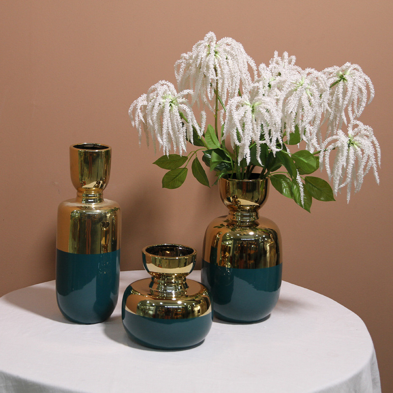Creative and trendy Nordic ceramic vases, modern home wine cabinet decoration, light luxury style, dark green electroplated gold flower arrangement vases