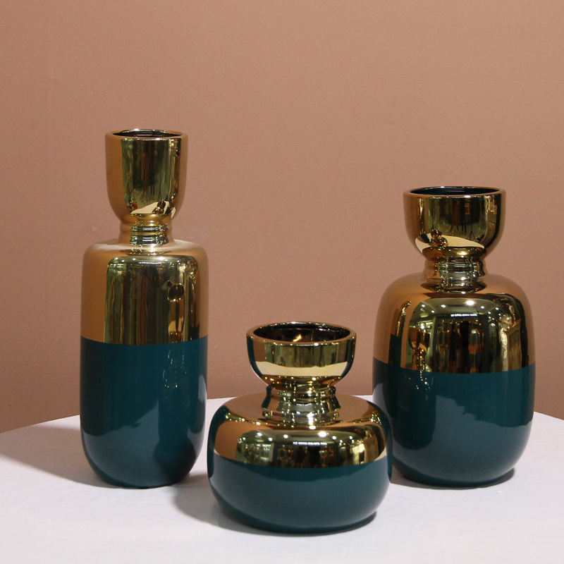 Creative and trendy Nordic ceramic vases, modern home wine cabinet decoration, light luxury style, dark green electroplated gold flower arrangement vases details Picture
