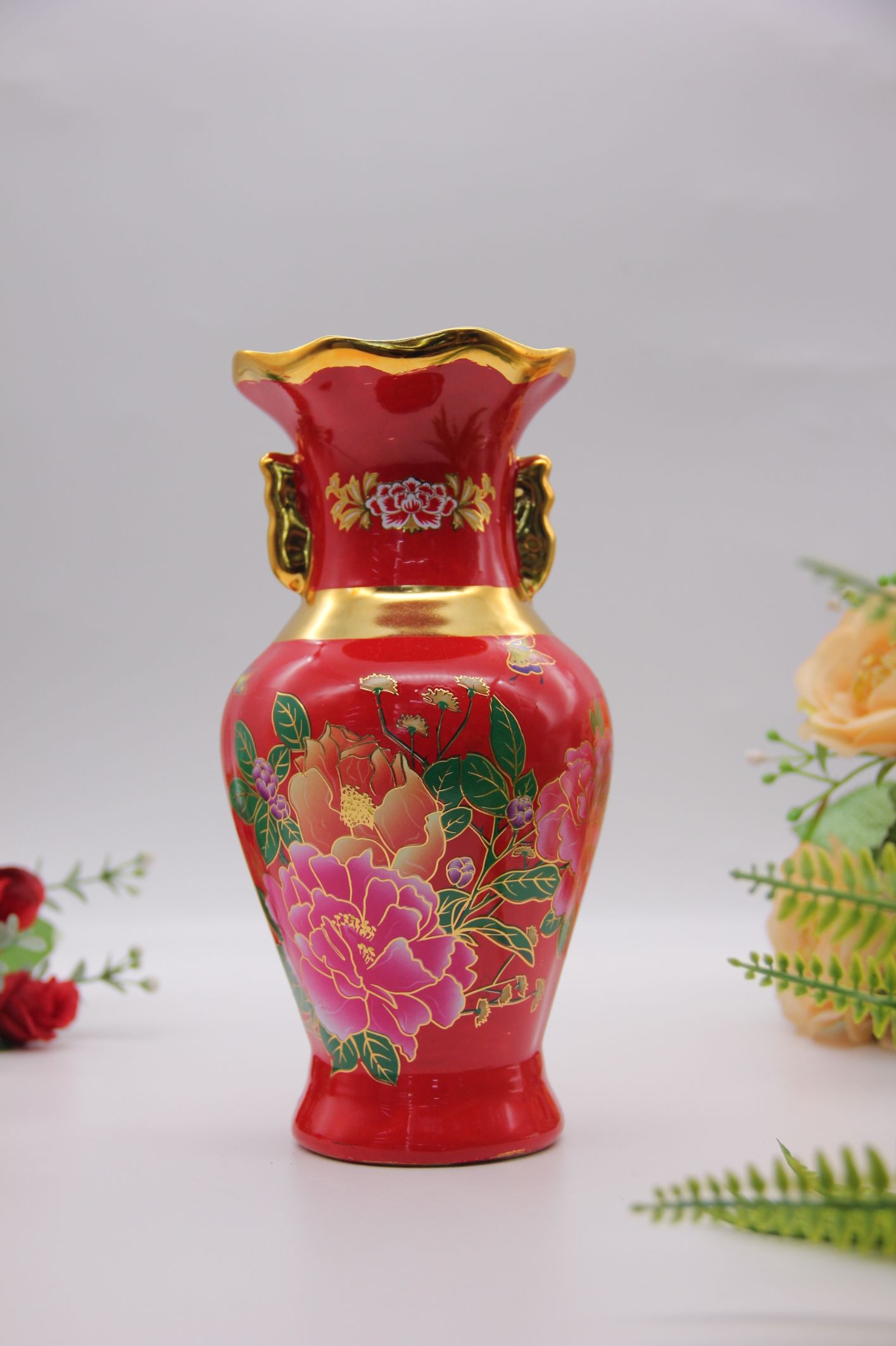 Chinese red porcelain bottle peony flowers open rich red vase table top wedding gifts thumbnail