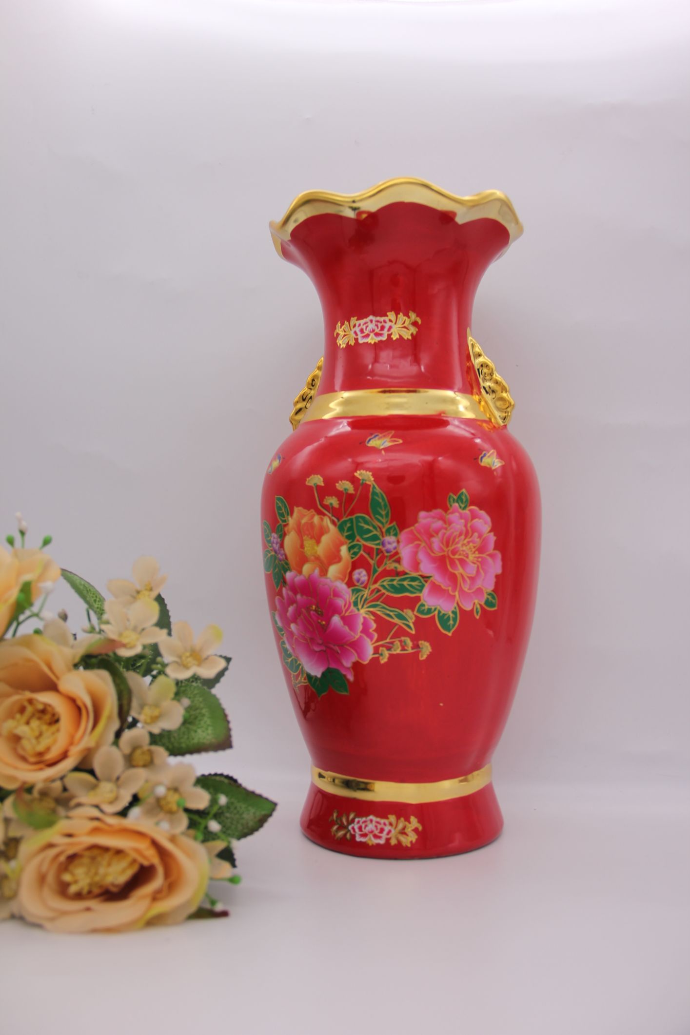 Chinese red porcelain bottle peony flowers open rich red vase table top wedding gifts