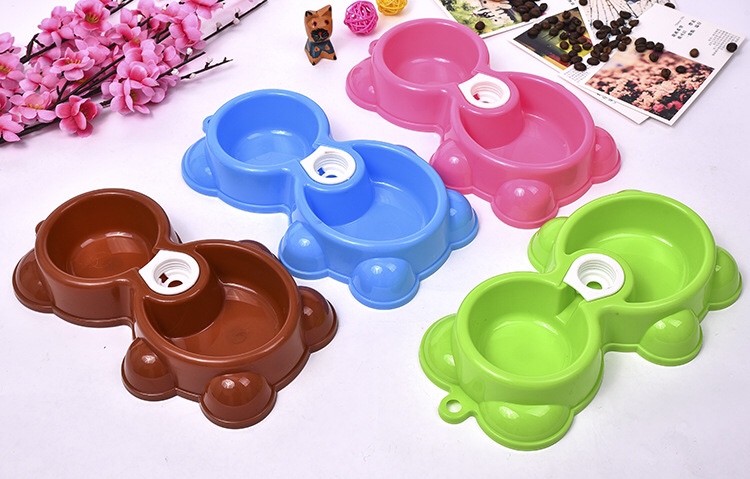 宠物用品  优质塑料小熊型宠物双碗 宠物食盆狗碗