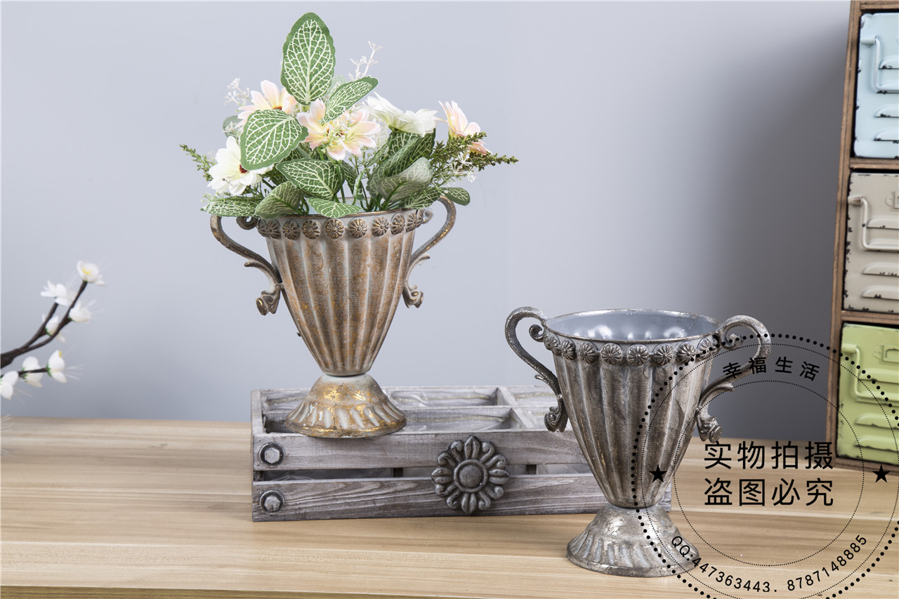 昊蓁ins现代简约复古做旧花器 花瓶花翁花盆复古欧式铁艺插花器皿7021