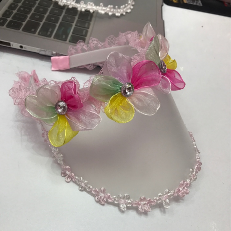 女童发箍式空顶帽 蕾丝太阳帽 彩色5办花亮钻遮阳帽夏帽批发产品图