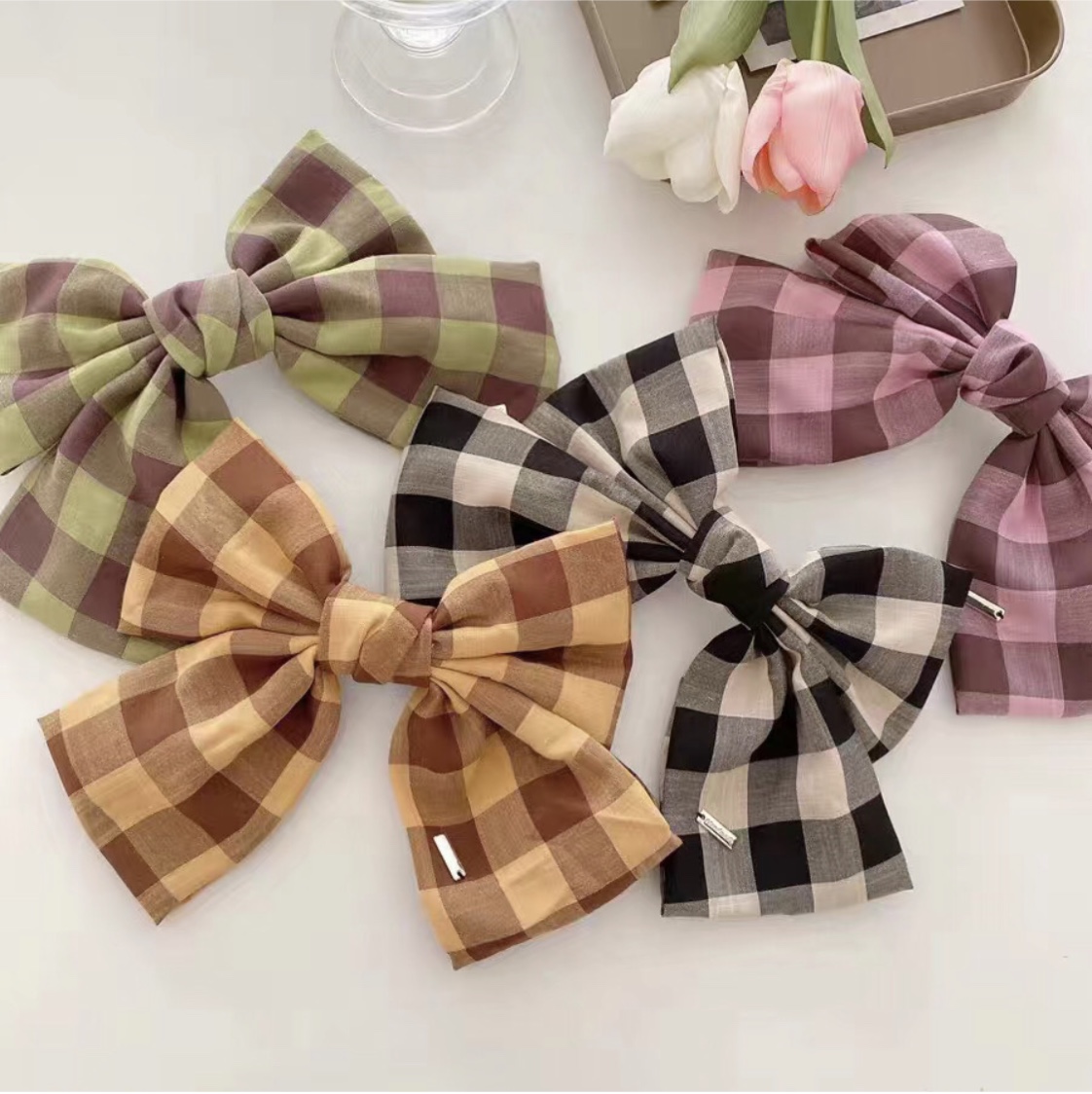 South Korea fashion spring buckle check twist waist bow clip fabric bow