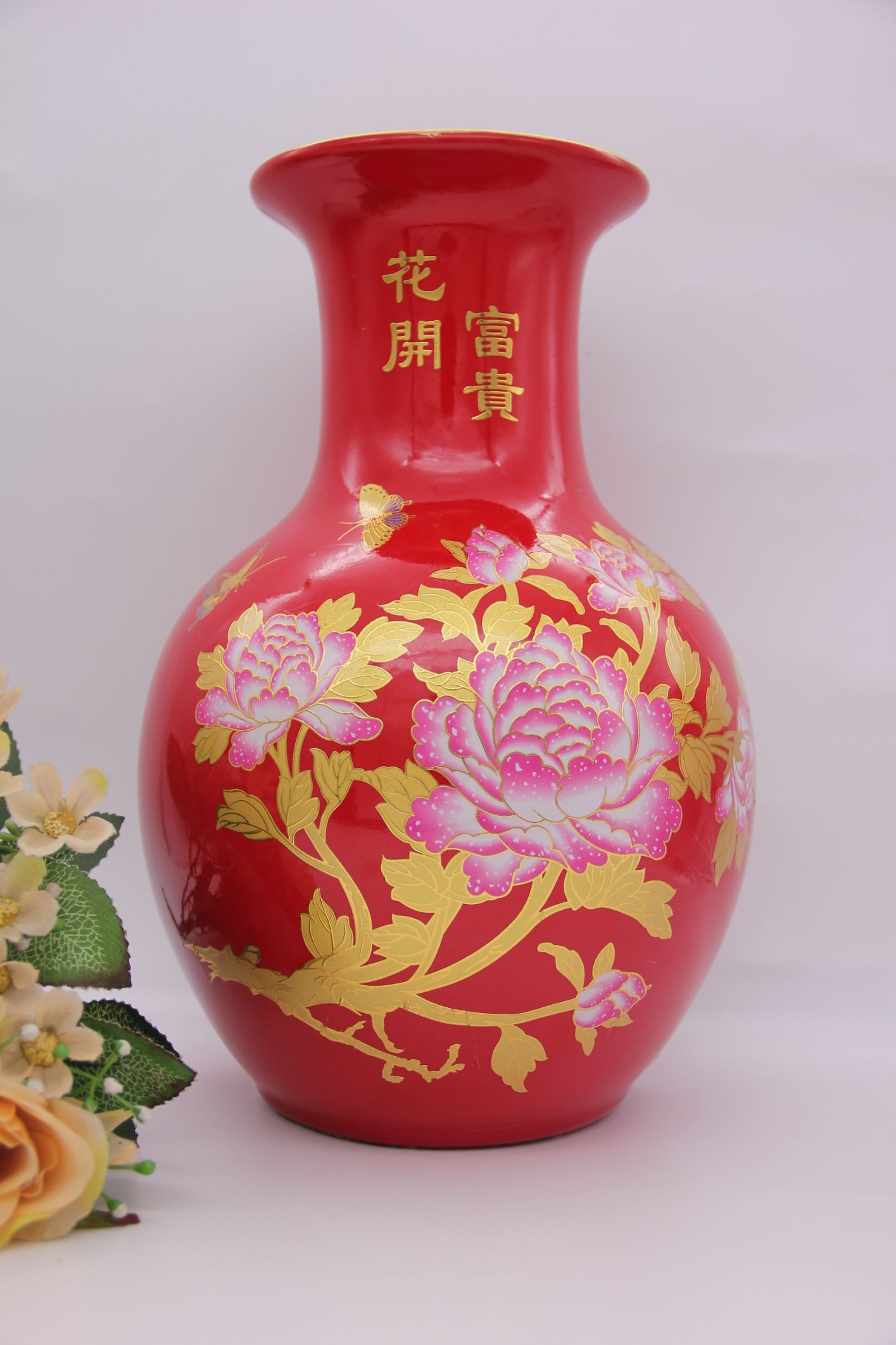 Chinese red porcelain bottle peony flowers open rich red vase table top wedding gifts thumbnail