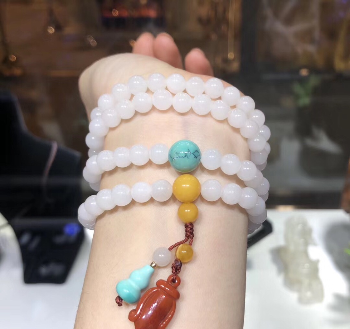 Natural Hetian white jade bracelet paired with multi-treasure bracelet