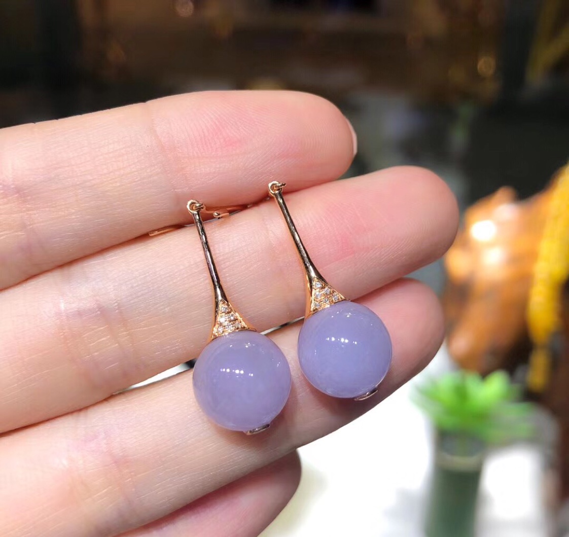 缅甸翡翠A货18k金镶嵌紫罗兰耳环气质款