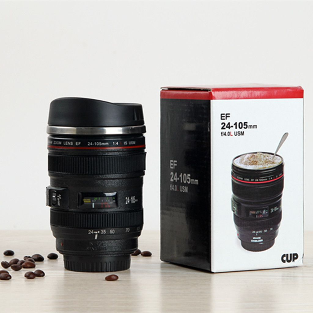 Stainless steel coffee cup with a lid and an imitation SLR camera water cup thumbnail